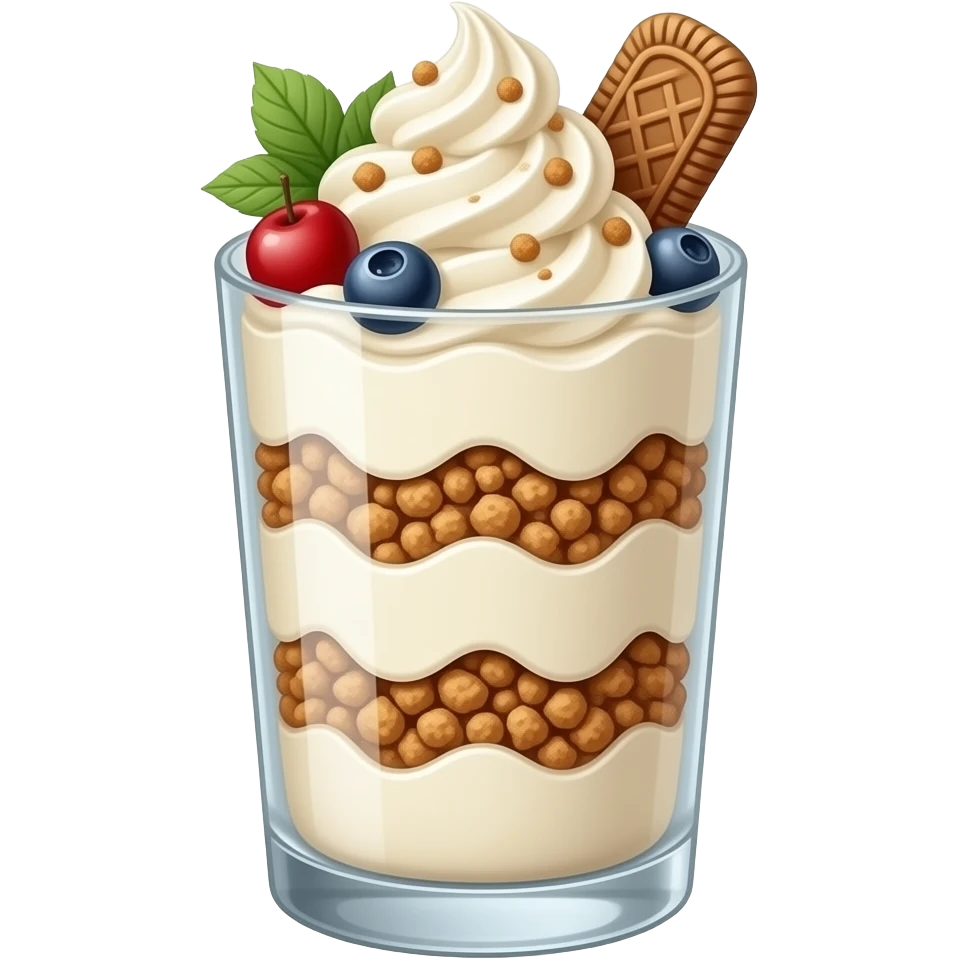 realistic -- tall parfait glass -- layered appearance alternating between whipped cream and crumbled Marie biscuit with cream and fruit emoji