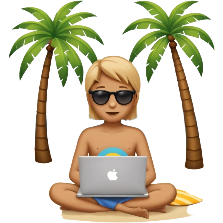 A minimalist emoji-style icon: A gender-neutral person sitting with a laptop on the beach. A palm tree nearby, sun and sea in the background. Relaxed, summery atmosphere. Simplified shapes, no detailed facial features, clean emoji-like design. emoji