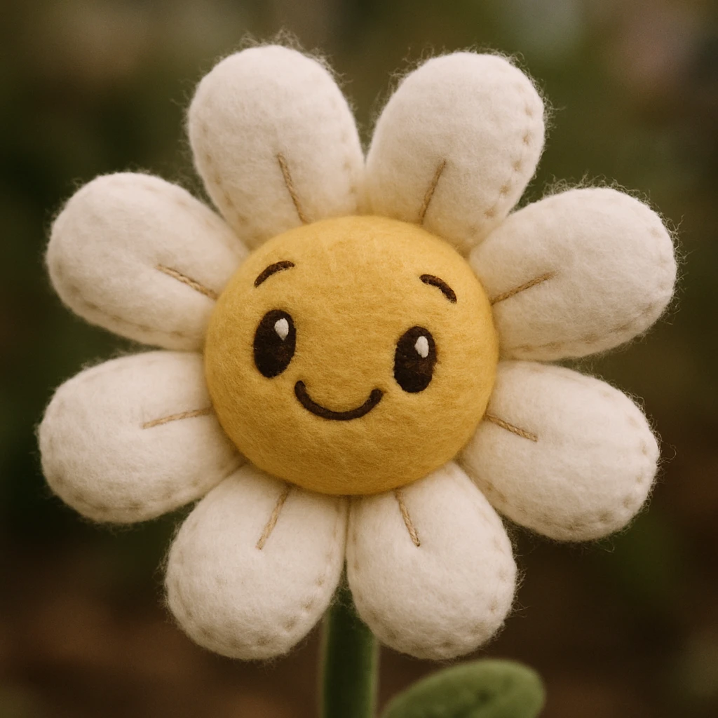 Make the plush flower with white petals and a yellow center, keep it soft and cute, with stitched details and a smiling face. emoji