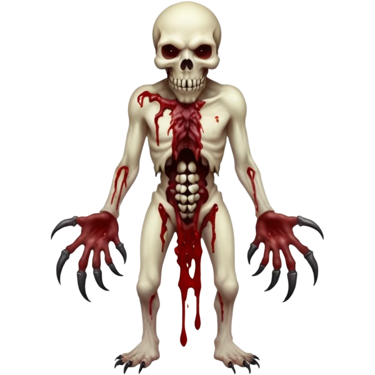 A Hideous mutated monster covered in rotton flesh and bloodin the style of your bleeding skull art, full body. Final boss character emoji
