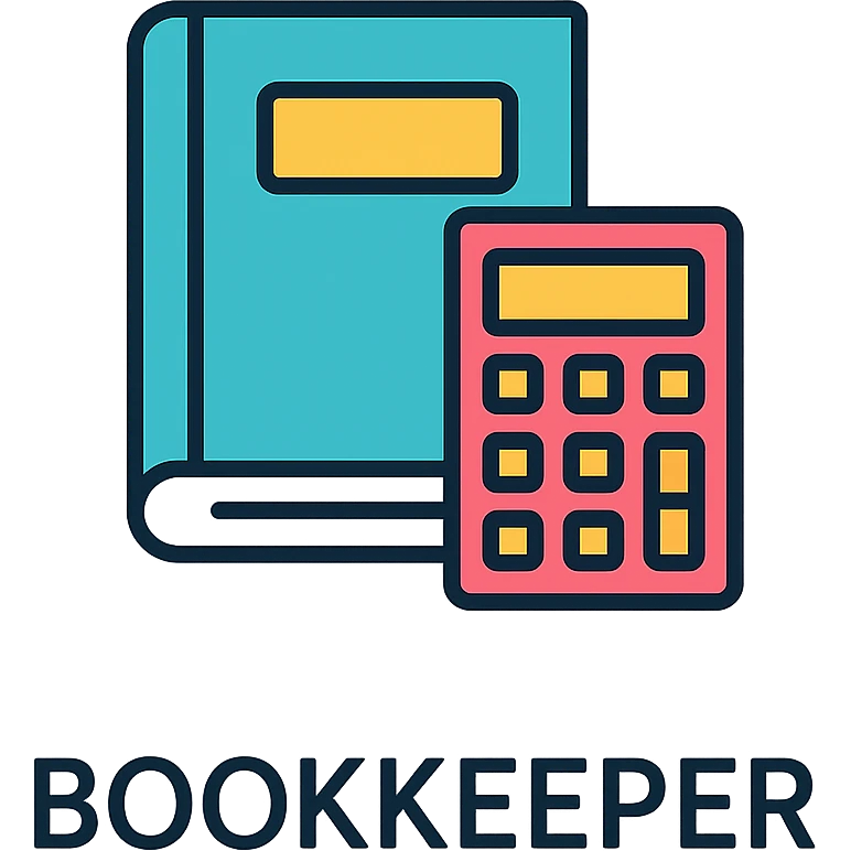the word BOOKKEEPER in a clear and creative lineal color icon style with black outlines, suitable for a logo or icon emoji