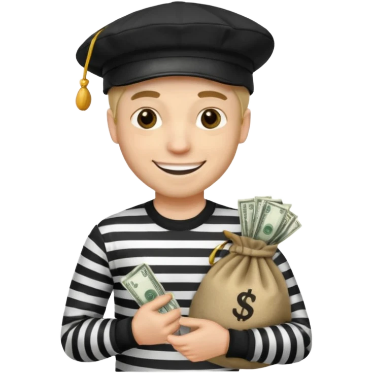 robber with 4 lines of black and white striped shirt and he has a money bag in his hand and a robber hat and he is smiling and he is white emoji