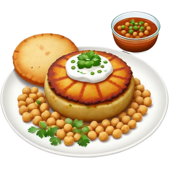 Aloo Tikki Chaat on a small plate with chickpeas, potato patty with yogurt and chutney emoji
