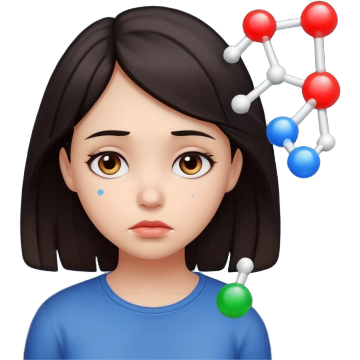 A sad girl thinks about a molecule emoji
