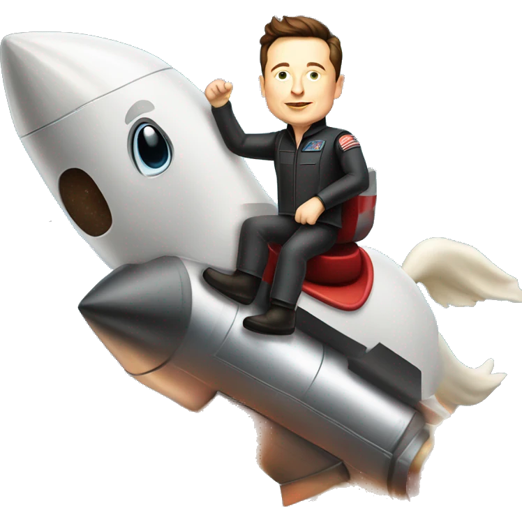 Elon Musk riding on top of a flying space rocket like a horse emoji