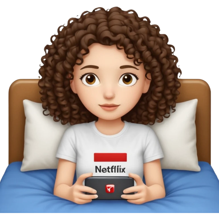 A girl, brunette with curly hair down to her shoulders, watching TV. Have her lie down on the bed, and put on Netflix on the TV. She walks by with her back to the camera, looking at the TV. emoji