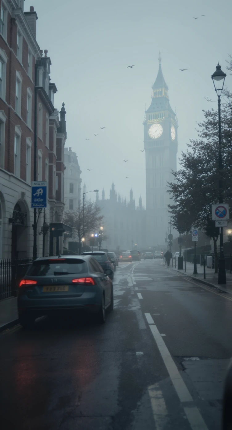 Cinematic shot of a london street, cloudy foggy day, soft light, leading lines to big ben in distance, multi composition, in foreground blurred car, on second street around UK bulding, od another plan in distance big ben, birds flying, artistic look, captured on arri alexa 35 emoji