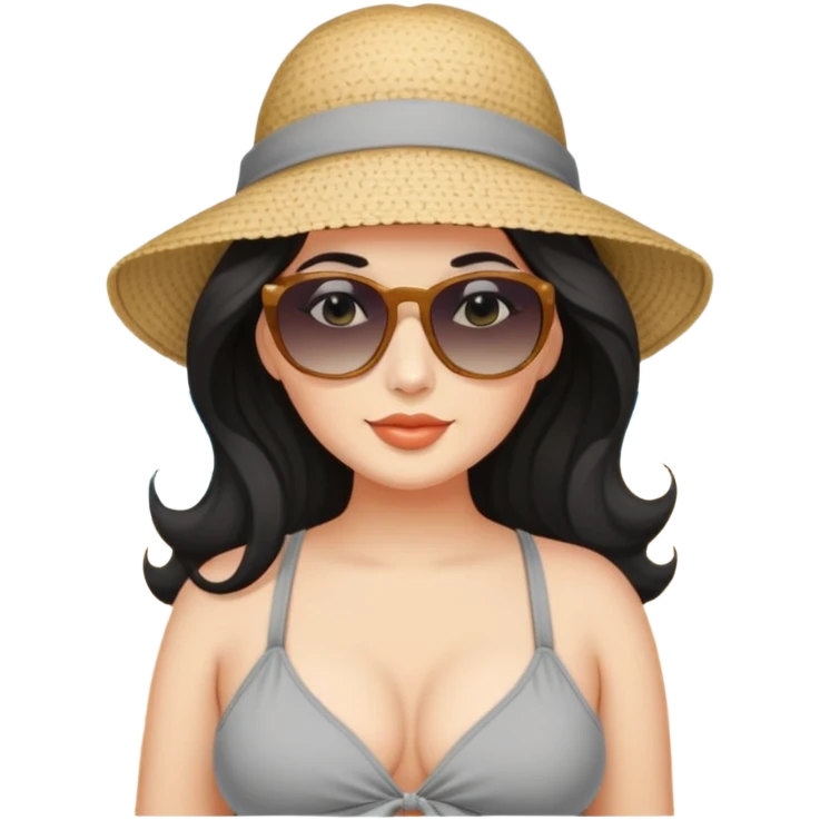 beautiful curvy woman with fair skin, long wavy black hair, and gray eyes at the beach emoji