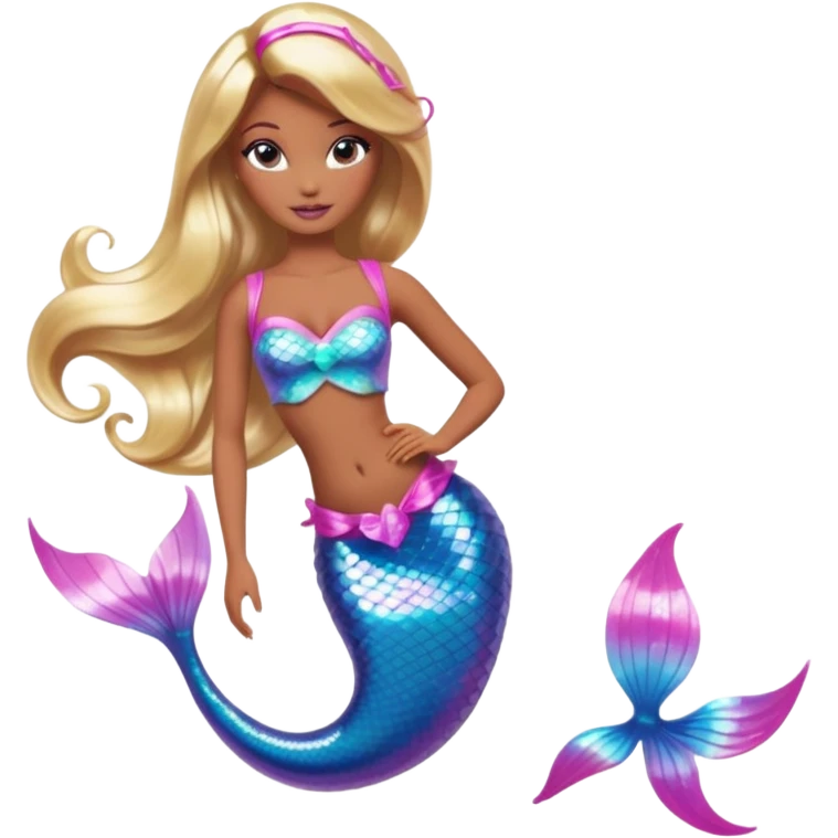 Brown skin blonde hair barbie mermaid with holographic tail and pink highlights in hair  emoji