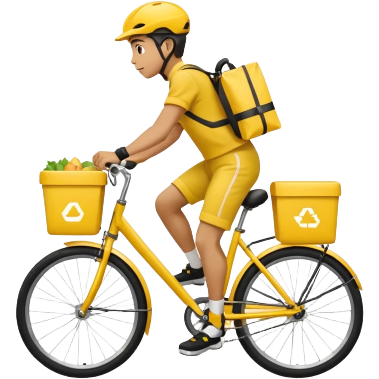 A courier on a yellow bicycle, wearing yellow and black clothes rides from left to right. On the back of the courier is a yellow food delivery bag emoji