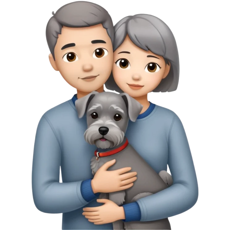 a shorthair Chinese girl with husband hugging a grey Schnauzer dog emoji