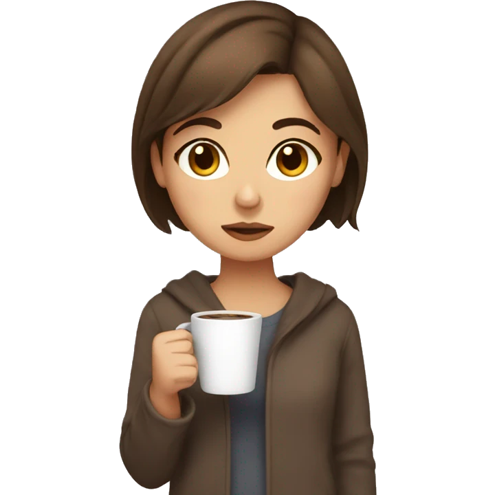 Sleepy brown haired girl with brown eyes holding coffee  emoji