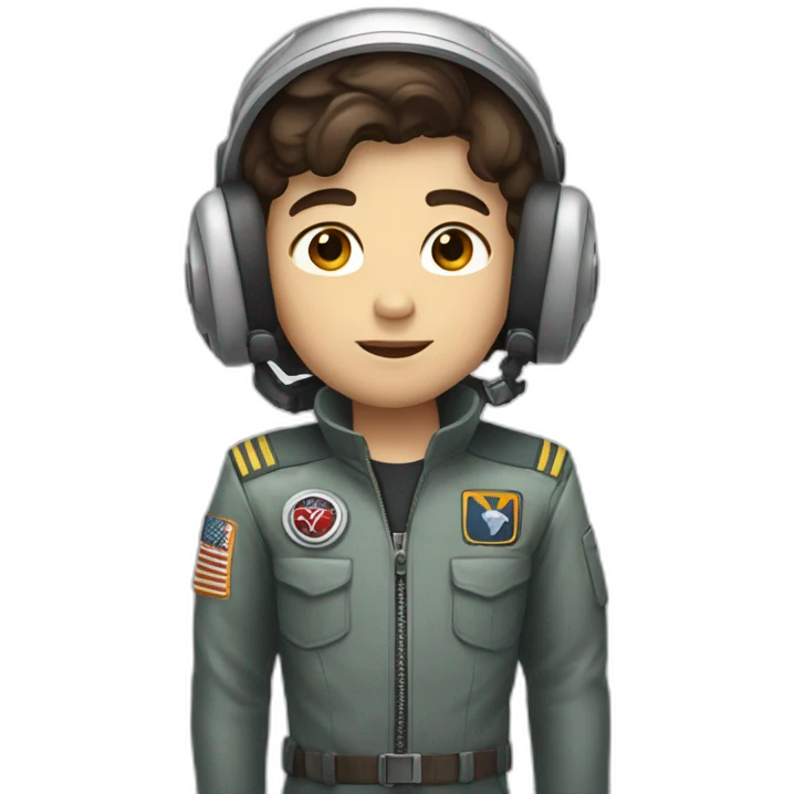 A white young boy with dark brown eyes and dark brown hair and a airplane pilot suit and a radio helmet emoji