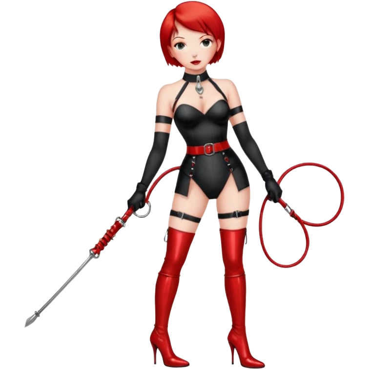 mistress, dominant girl, short red hair, sexy shiny red bdsm clothing, red hold-ups, whip and leash on her hands, choker around her neck, serious look, shiny red high heel boots emoji