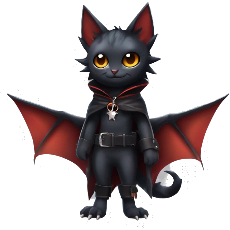 Cute edgy cool beautiful realistic vampiric dark eldritch fantasy Litten-Fakémon-Digimon with bat-wings as ears full body, cloak, choker collar, harness, leg straps emoji