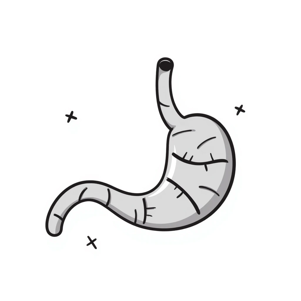 Hand-drawn stomach organ being mended with stitches and healing symbols emoji