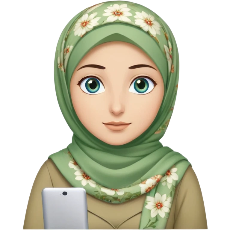 Turkish beautiful finish Konya girl blue eyes and green khaki hijab and light green floral dress and she work on office emoji