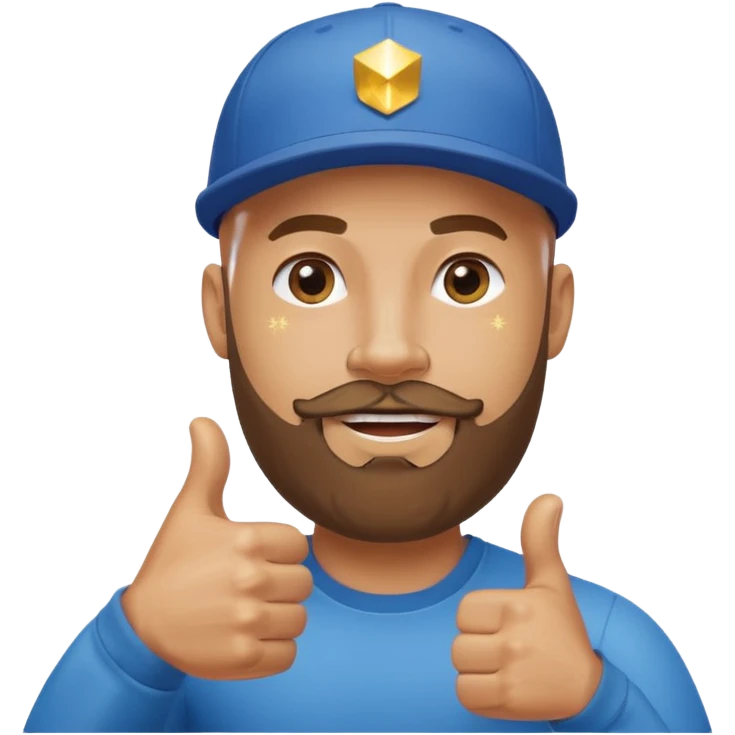 Bald bearded muscular man in cap giving thumbs up, Instagram logo, golden 500, sparkles, minimal emoji style emoji