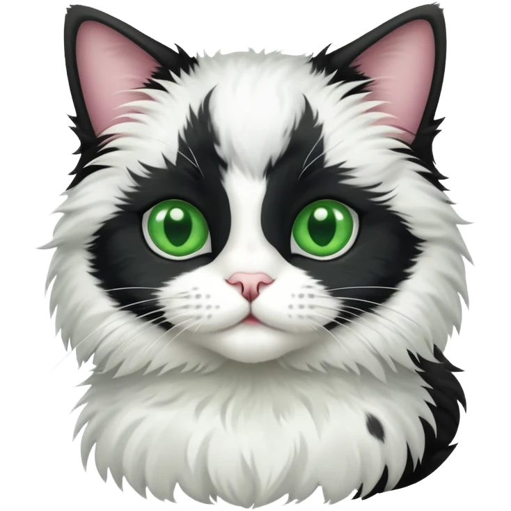 Fluffy tuxedo cat with white fur and grey spots with green eyes emoji