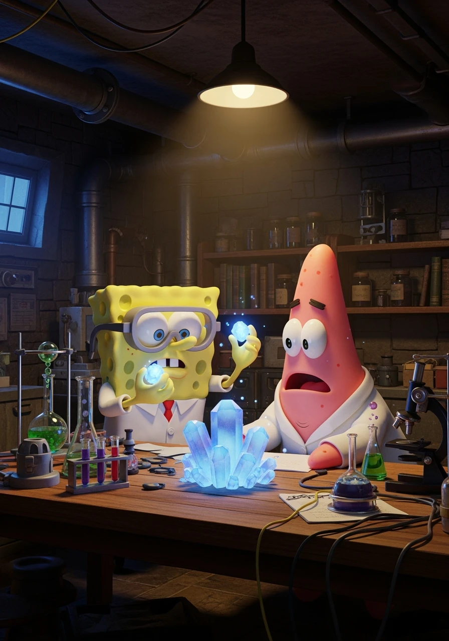 3D cienmatic cartoon shot, spongebob and patric dress in safety glasses and safe white outfit, the are standing front of table with blue crystals on table glowing (light source) science room in basement, back light, Cinema 4d render, proffesional lightning emoji