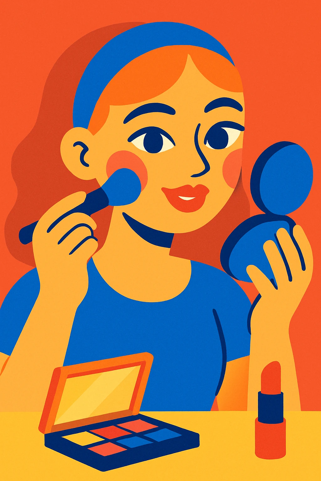ragazza che si trucca, stile illustrativo moderno, colori vivaci emoji