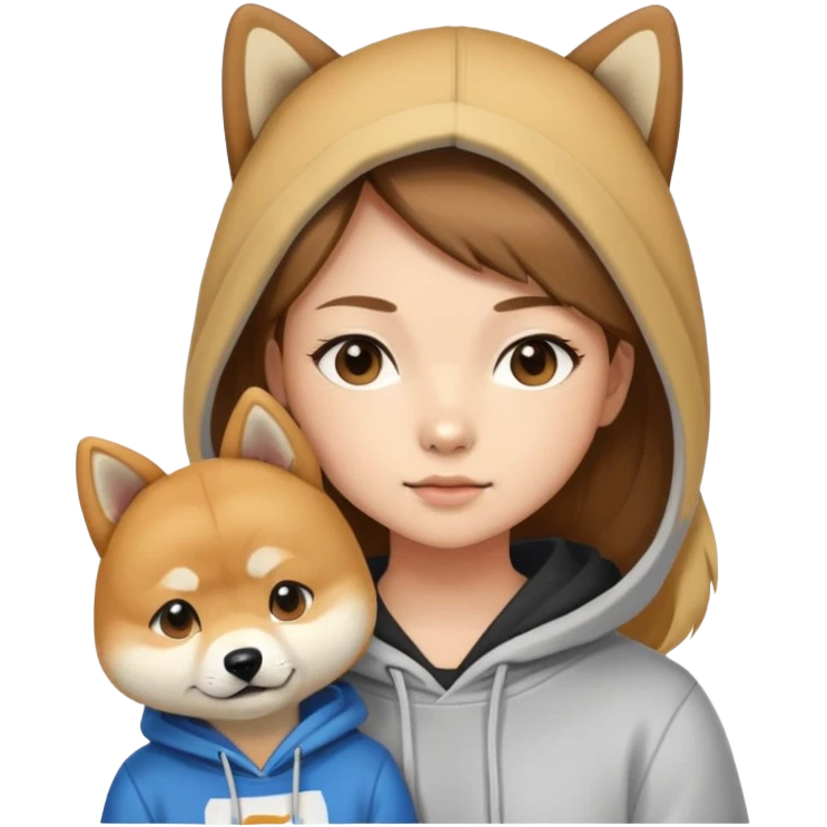 A brown hair with some blonde highlight girl wearing a hoodie and a five year old Shiba Inu next to her emoji