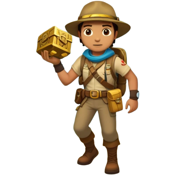 an adventure game, inspired by Uncharted-2. The design features a rugged explorer navigating through ancient ruins, with treasure and obstacles in the background. A dynamic environment with jungle, cliffs, and puzzles highlights the thrill of discovery and action. Transparent background. emoji