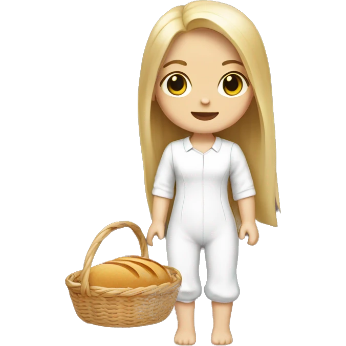 cute white doll, with jumpsuit, white shirt in it, long straight hair, holding a bread basket emoji