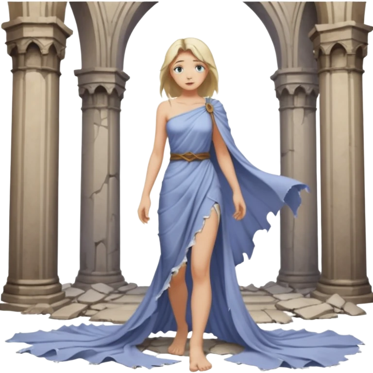 Female figure standing barefoot in ruined cathedral, dress slipping from shoulder emoji