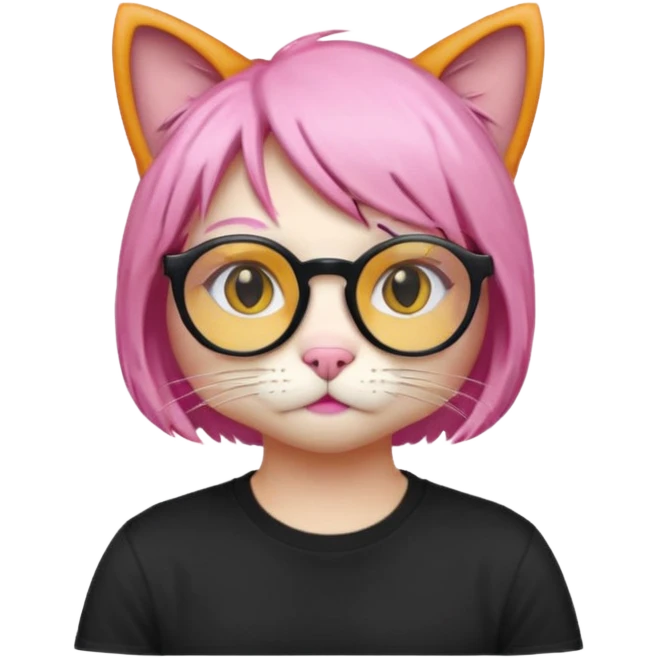 Orange Yellow cat wearing a little pink hair wig, black circle glasses, white T-shirt emoji