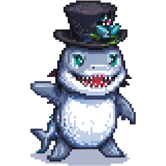 pixel art shark with a black tophat emoji