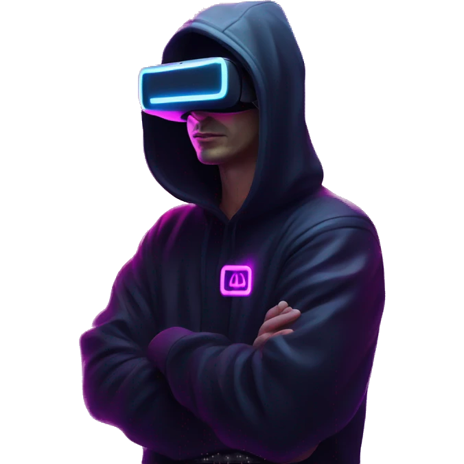 Russian man wearing a black hoodie with "OMG" letters on it and VR headset in a cyberpunk VR environment with violet neon lighting. emoji