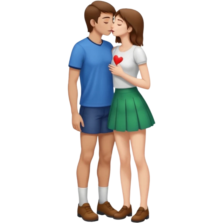 A naked girl with brown hair and bare small breasts openly kisses a tall guy with brown hair full-length on the lips. she is with naked boobs She is wearing a very short skirt and is in full height. emoji