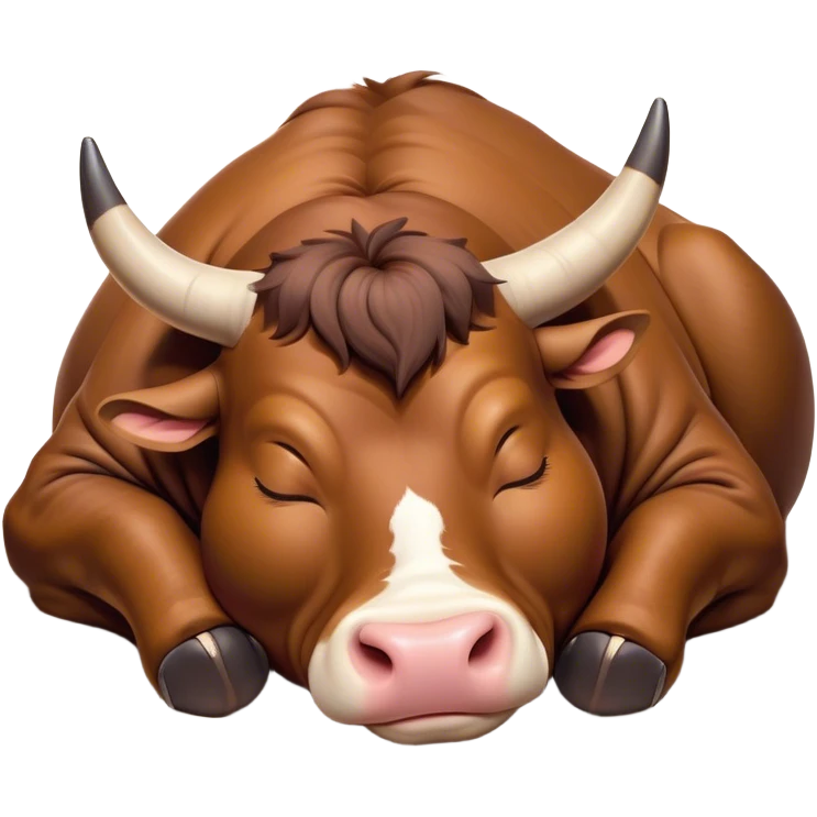 Meme-Worthy Cute Sleeping Brown Bull Portrait Emoji, Head resting peacefully with a contented smile, showcasing a robust, massive build and a luxuriously soft rich brown hide, eyes shut in a serene, restful nap, Simplified yet hilariously adorable features, highly detailed, glowing with a soft, drowsy light, high shine, relaxed and utterly lovable, stylized with an air of playful laziness, bright and heartwarming, soft glowing outline, capturing the essence of a comically sleepy guardian, so meme-worthy it feels like it could instantly become the next viral sensation of adorable slumber! emoji