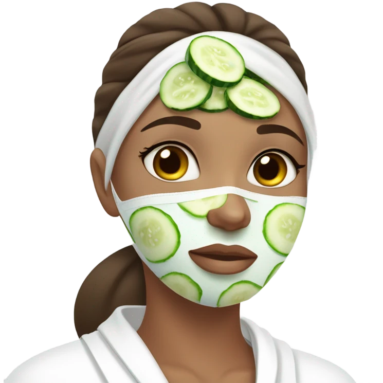 Girl with freackles Brown hair white skin and blue eyes wears Green colored texture skin care mask all over her face while She relaxes and puts two round piece of cucumber on her closed eyes In a white Robe emoji