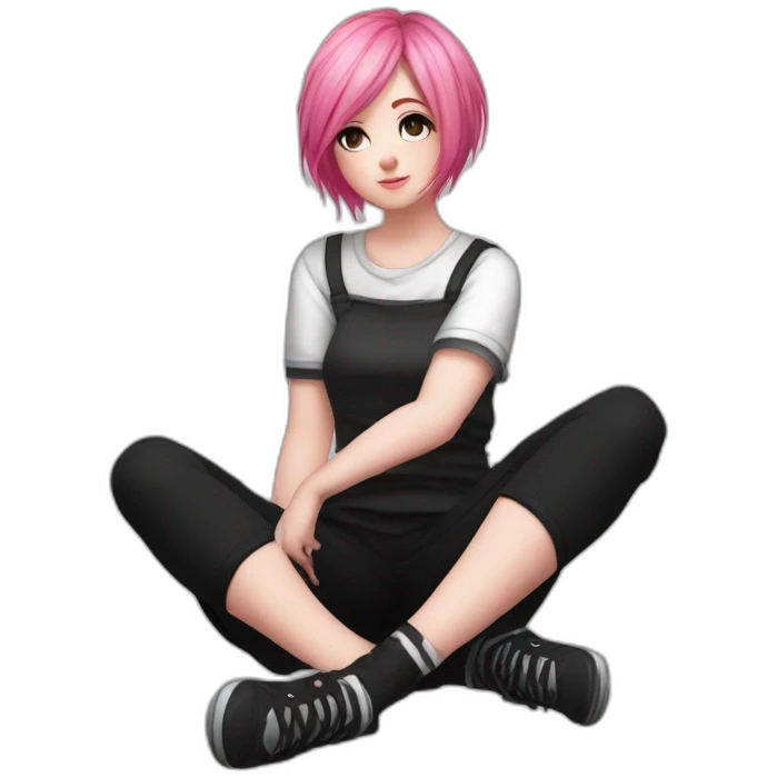 Full body Front view curvy emo girl pink hair sits on the floor straight view hands up black skirt белые трусики рваные полосатые чулки emoji