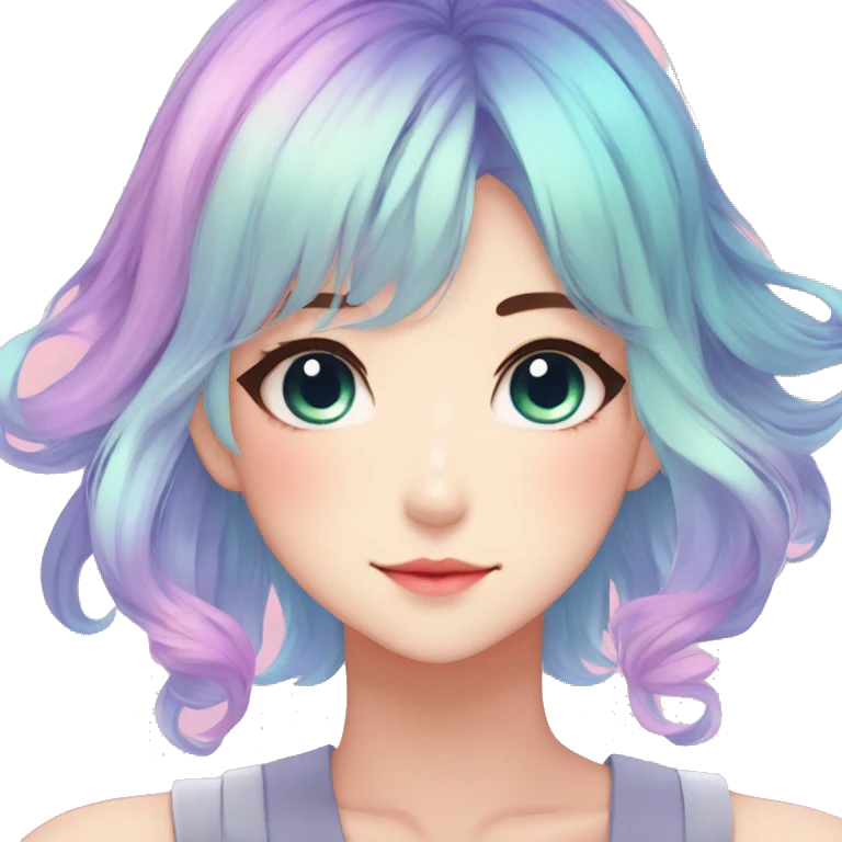 Gorgeous anime style shojo character with blushing face aesthetic and pretty colorful shiny gradient pastel hair with hair garment trending style emoji