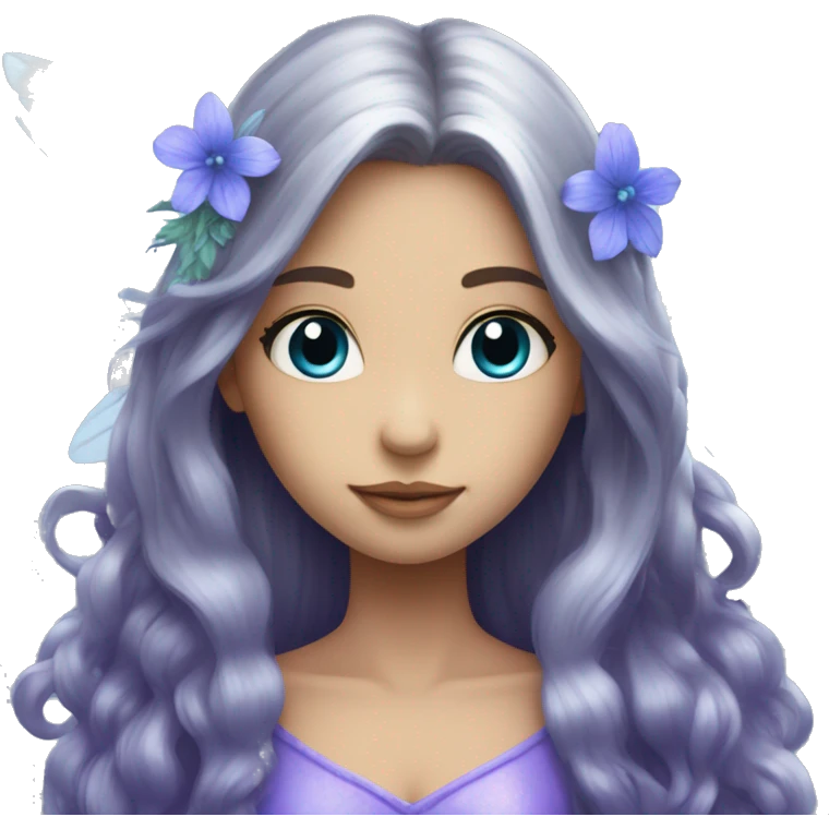 Beautiful, flower, fairy, blue, silver, purple, long hair, big wings emoji