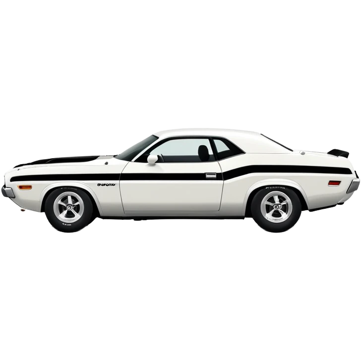 Minimalist white 1971 Dodge Challenger muscle car, side view, iconic white paint job, black stripe on the side, classic American muscle car from the movie Death Proof emoji