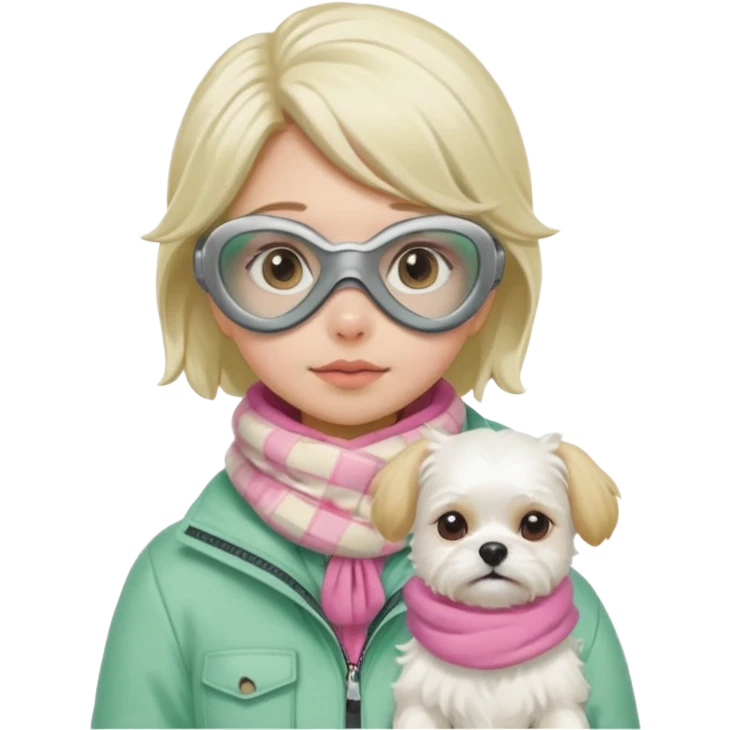 female character in cozy winter outfit, soft pastel green jacket, beige plaid scarf, snorkel mask with pink detailing, holding cute white Maltese dog, sad expression, bright and clear, Apple emoji style emoji