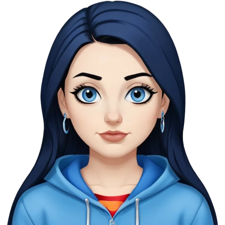 Happy-30-year-old-adult-long-straight-dark-blue-and-black-hair-blue-eyes-thick-black-eyeliner-really-thick-really-long-eye-lashes-sky-blue-superman-no-ears-hoodie-sweatshirt-nose-piercing-lip-piercing emoji