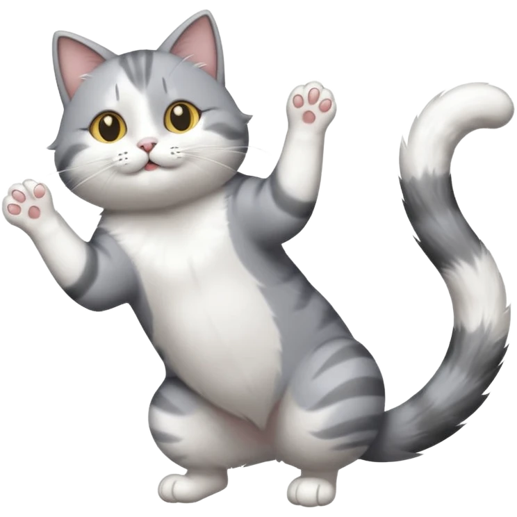 grey and white cat doing a big long stretch emoji