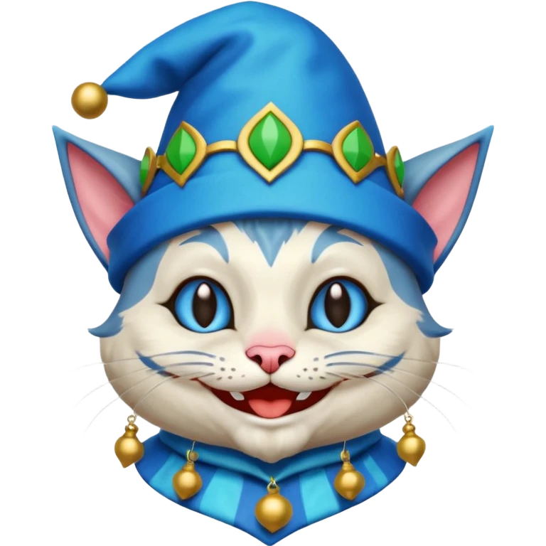 crazy colorful cute little cat jolly joker from poker, medieval, vintage, court jester, mac os icon, blue color emoji