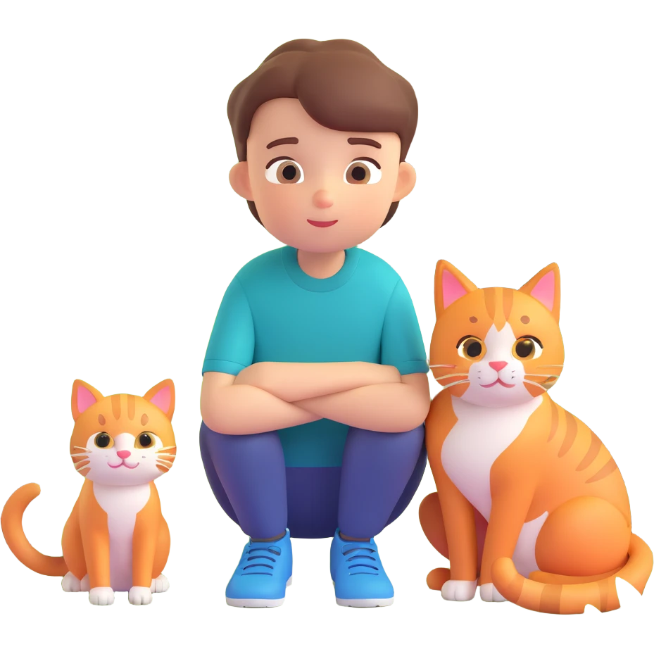 boy and cat pet in forrest background, close up pose emoji