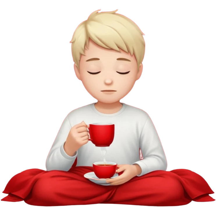 A European boy is sitting comfortably under a blanket, wrapped in a red blanket, drinking tea with his eyes closed. emoji
