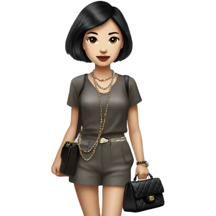 Realistic Dark hair Chanel Asian Girl with Birkin bag and Chanel necklace emoji