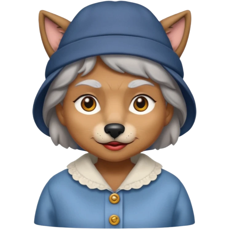 The big bad wolf is wearing Grandma's clothes and a hat, yet its face still looks like a wolf's. emoji