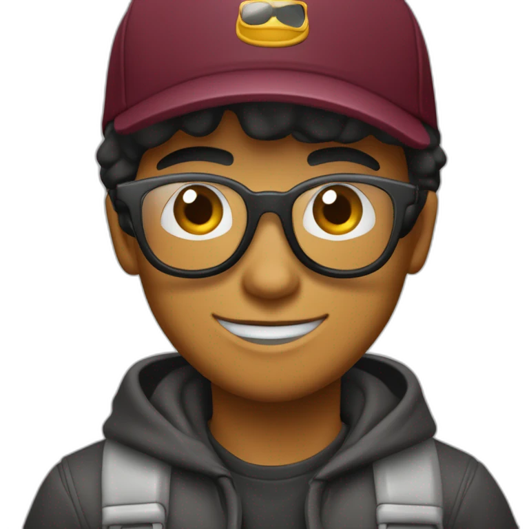 Chico joven con gorra hacia atrás negra lentes oscuros sacando la lengua buso vinotinto  emoji