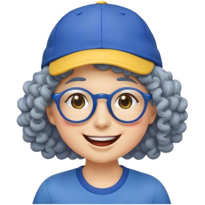 female yellow smiley face emoji, big smile, winking, wearing a blue ballcap backwards, grey curly hair, glasses, no eye color, head only, yellow, simple style, no ornament on hat, yellow, face only emoji