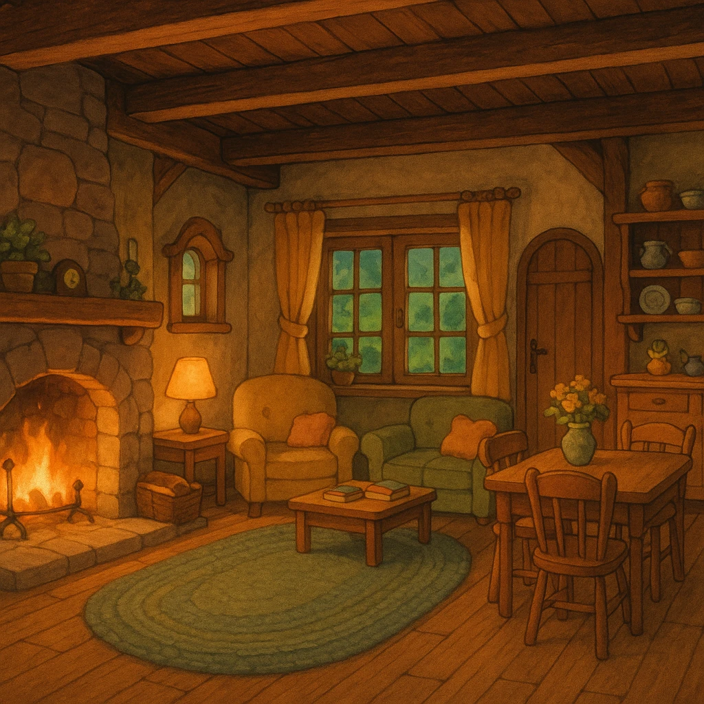 cozy cottage, warm lighting, ghibli style, inviting and charming emoji